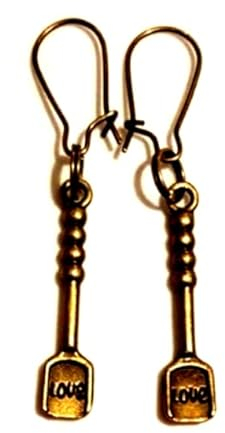 Antique Bronze Tone 'LOVE' Spoon Earrings on 15mm Kidney Wires, Love Spade Earrings, Love Shovel Earrings, Sugar Spoon Earrings, Cutlery