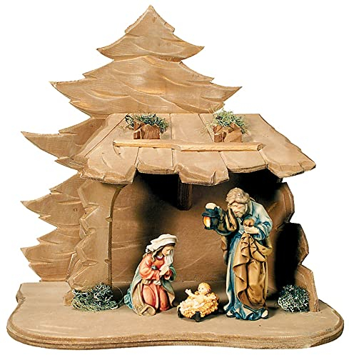 JS Garten Deko Krippe mit Krippenfiguren Matteo Kollektion Heilige Familie H 12 cm Heilige Maria, Josef und Jesuskind handgeschnitzte Heiligenfigur Holzfigur Holzstatue Dolfi