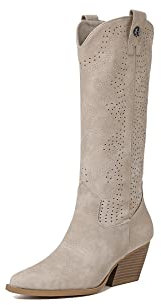 QUEEN HELENA Camperos Stivali Texani Traforati con Tacco Western Cowboy a Punta Stivaletti con Zip Laterale Donna X28-100 Beige 38
