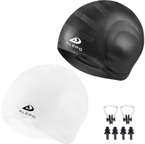 Alepo 2 Pack Unisex Badekappen Damen Herren mit 3D-Ohrenschutz, Schwimmkappe Langlebige Flexible Silikon Bademütze Badehaube Kinder Erwachsene für kurzes/langes Haar mit Ohrstöpseln und Nasenclip