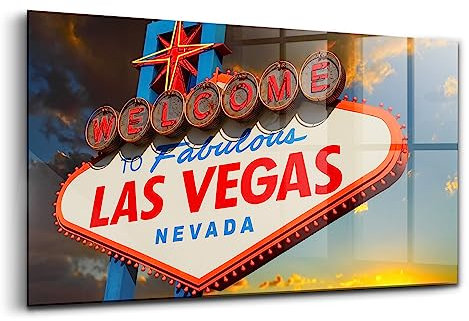 Wallfluent 100x50 cm Glasbild Dekoration Wohnzimmer Schlafzimmer Küche Wandkunst - Las Vegas Zeichen bei Sonnenuntergang