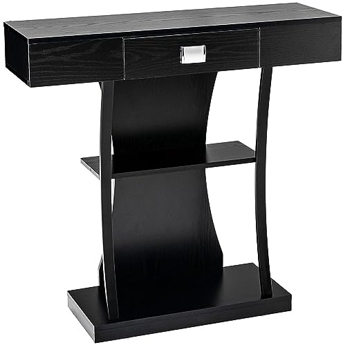 CASART 3-Tier Console Table, T-Shaped Entryway Sofa Table Behind Foyer Table with Drawer, Shelves & Anti-Tipping Kits, Industrial Compact Couch Table for Living Room Hallway (1 Drawer, Black)