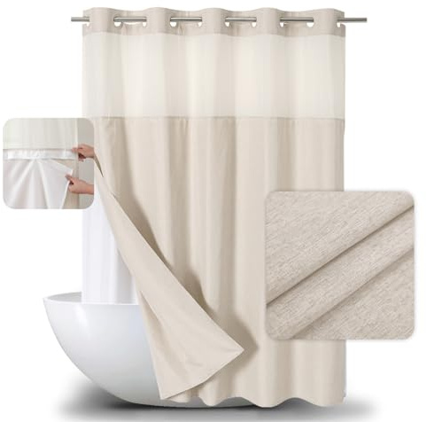 eachope Tenda da doccia in lino testurizzata extra lunga, senza ganci, con fodera in tessuto a scatto, color crema, decorazione di lusso, per bagno, impermeabile e lavabile, 180 x 218 cm