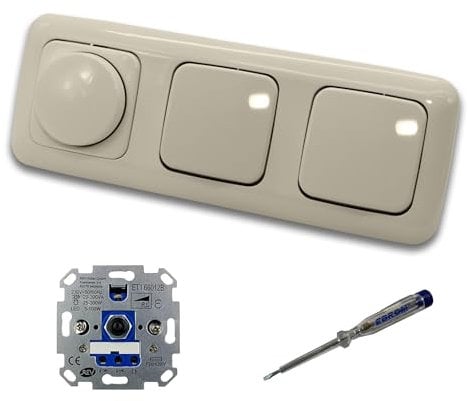 REV Ritter LED Drehdimmer Dimmer + Busch Jäger Dimmerscheibe 2115-212 und 2 x Lichttaster 2020 US in DURO2000 cremeweiß glänzend inklusive EBROM Phasenprüfer zur Montage der Geräte ET1 66012B