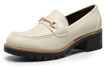 DREAM PAIRS Scarpe da Donna Mocassini Classici con Tacco a Blocco Mocassini con Plateau,Size 41,Beige-Pu,SDLS2410W