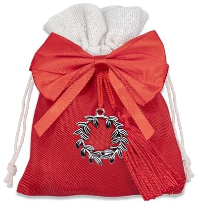 Decoraparty 12 Sacchettini di Laurea Rossi 10 x 12 cm, Sacchetti per Bomboniera Cerimonia Porta Confetti in Poliestere con Dettaglio di Corona Alloro, Laureato, Accademico, con Cordino, Fiocco Nappina