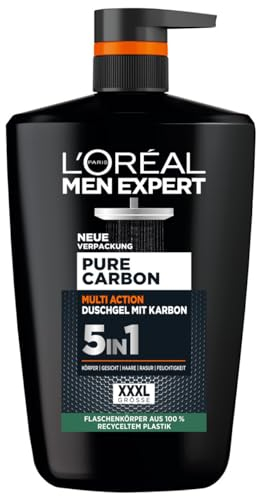 L'Oréal Men Expert XXXL Gel douche et shampooing 5 en 1 pour homme, bain douche pour nettoyer le corps, les cheveux et le visage, soin du corps pour homme pour une fraîcheur longue durée au carbone, 1