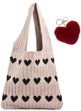 Pokn Herz-Häkel-Tragetasche, süße Geldbörse für Damen, Cutecore-Schlüsselanhänger, Y2K-Zubehör, Valentinstag, ästhetische Handtaschen für Frauen, Braun, Medium to Large