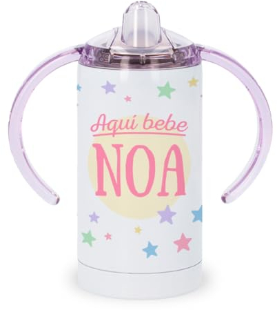 Kadoo Regalos Vaso Aprendizaje Personalizado Acero Inoxidable (350 ml) Aquí Bebe y Nombre (Rosa)
