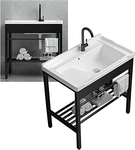 Fregadero independiente, fregaderos de cocina en el hogar Fregadero de ropa de lavandería independiente, lavabo de cerámica con juego de tablas de lavar, fregadero de tocador con almacenamiento negro