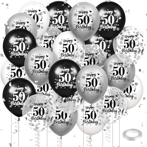 Luftballon 50. Geburtstag Deko 24 Stück Schwarz Weiß Silber Ballons - 50 Jahre Geburtstagsdeko Happy Birthday Deko Latex Konfetti Ballon für Männer Frauen 50. Jubiläum Geburtstag Party Dekoration