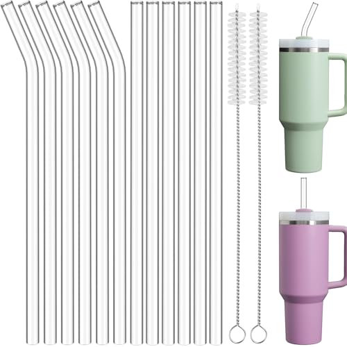 NiHome 12PCS Clear Glass Reusable Straws for Stanley H2.0 40oz Tumbler, 6 Straight + 6 Bent with 2 Brushes, 12’’ Long 0.4’’/10mm Diameter, Enhances Drinking Experience Prevents Spills, Dishwasher Safe