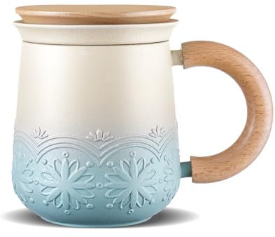 ZENS Teetasse mit Deckel und Sieb, 420ml Holzgriff Teebecher mit Teesieb und Holz Deckel für Losen Tee, Geprägtem Japandi Keramik Teetassen Geschenke für Teeliebhaber,Frauen,Tochter,hellblau
