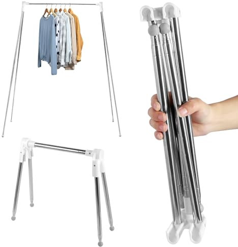 Travel Garment Rack Stainless Steel Foldable Clothing Rail Retractable Clothes Hanging Stand Folding No Installation Laundry Drying Rack with Storage Bag Portable for Bedroom Camping