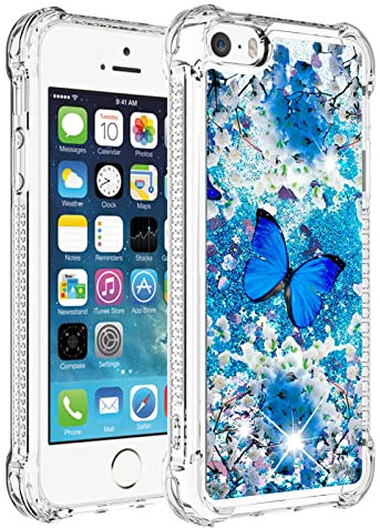 Glitter Case for iPhone 5 / 5S/ SE 2016 Flowing Liquid Glitter Bling Luxury cover Soft TPU Bumper Phone case with Air Cushion Design for iPhone 5 / 5S/ SE 2016 - Blue Butterfly