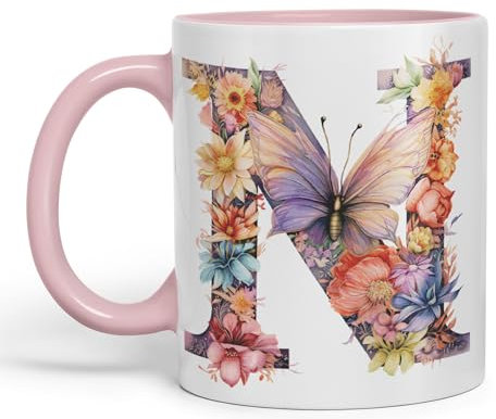 Vixar Letter N Mug, Floral Flowers Butterfly Alphabet Letter N Monogram Watercolour Ceramic Coloured Mug Cup for Tea Coffee Hot Brew 330ml 11Oz Gift (Pink)