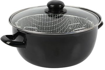 Crealys 545412 Friteuse traditionelle en Acier Emaillé Noir Ø20 cm - avec panier étamé + couvercle en verre - tous feux dont induction