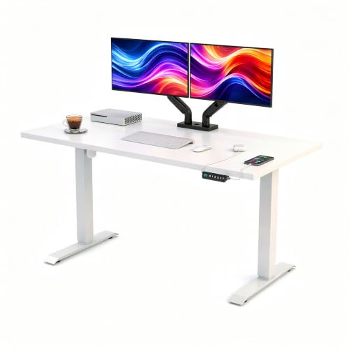 POKAR Höhenverstellbarer Schreibtisch Höhenverstellbar Elektrisch Bürotisch mit Tischplatte (Weiß + Weiß, 120 x 80)