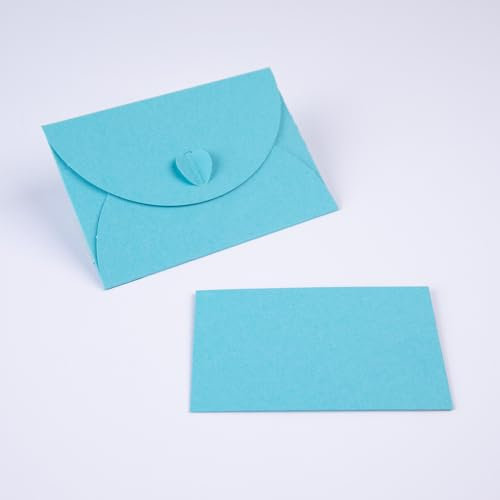 PresentFill® 25 Mini Briefumschläge mit Karten – Azur Blau – Kleine Umschläge Mini mit Herz Verschluss und Blanko Karten aus 100% Recycling Kraftpapier zum Selbst gestalten und beschriften