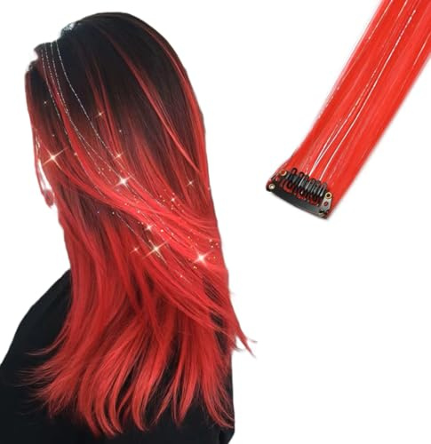 2 x Clip-In Hair Extension Highlights Streaks, Colourful Hair Highlights (Sparkle Red)