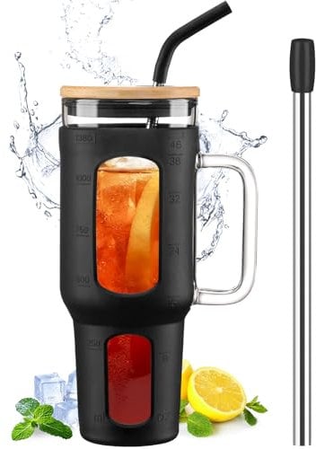 BLUEGO Glass Tumbler with Lid and Straw, 1400ml Iced Coffee Cup with Handle, Borosilicate Water Bottles with Silicone Sleeve, 1.4L Drinking Cup with 2 Straws, BPA Free, Black