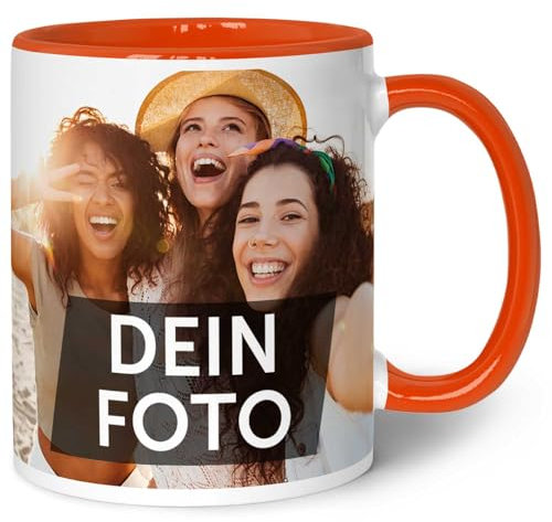 GRAVURZEILE Tasse zum selbst gestalten - Personalisiert mit eigenem Foto - Lebensmittelecht - Spülmaschinenfest - Mikrowellengeeignet - Fototasse Werbetasse oder Firmentasse mit Logo - Orange