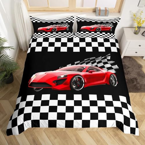 Homemissing Rotes Rennauto Bettwäsche Set 135x200cm Kinder Sport Auto Bettwäsche für Jungen Mädchen Extreme Sport Thema Bettbezug Set Cool Rennen Bettbezug Schwarz-weißes Gittermuster Betten Set