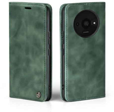 LBH Funda para Xiaomi Redmi A3 en color verde con tarjetero y compartimento para dinero, funda con función atril, cierre magnético, vintage