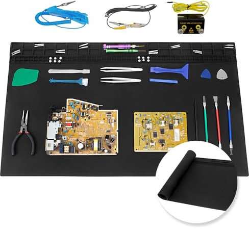 Extra große Lötmatte mit Handschlaufe und Erdungsschnur, 500 °C, hitzebeständige Silikon-Reparaturmatte, übergroße ESD-sichere Arbeitsmatte für Handy-Laptop-Reparatur, 70 x 40 cm, Schwarz