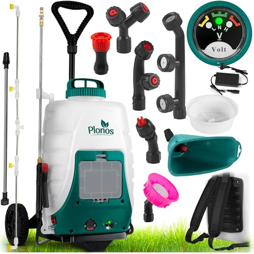 Plonos Pulvérisateur à Pression Rechargeable avec Chariot Capacité 18 L Rechargeable 8 Ah Lance 4 Buse 9 Buses Amovibles