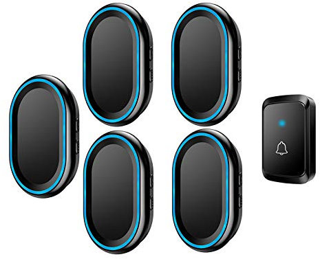 Kit campanello senza fili con portata di 304,8 m, IP44, impermeabile, 58 melodie, volume a 4 livelli, luce blu, 1 pulsante, 5 ricevitori plugin, nero