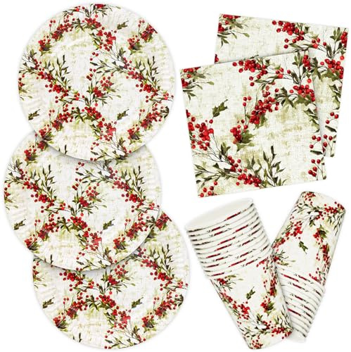 HNH Christmas Party Paper Plates Napkins Cups Set Holly Berries for 16 Person Dessert Plates Dinnerware Disposable