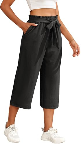 WUWUSKY Damen 3/4 Culotte Hose Leichte Weites Bein Sommerhose mit Taschen