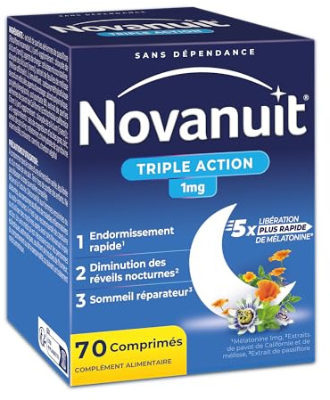 Novanuit Triple Action – Endormissement Rapide - Complément Alimentaire | Réveils Nocturnes – Sommeil Réparateur – Mélatonine 1mg Plantes Vitamine B6 – Réservé à l'Adulte – 70 Comprimés