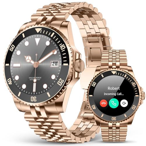 AI Smart Watch for Men with Bluetooth Call, Heart Rate, Blood Pressure, SpO2, Sleep Monitor, 107 Sports Modes, Waterproof Round Watch, 1.19-inch AMOLED Watch Compatible Android and iOS Gold Metal