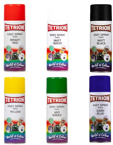 Tetrion Easy Spray Paint Primary Colours Multipack, 6x400ml - Matt White, Matt Black, Yellow, Dark Blue, Bright Red, Mid Green For Metal, Wood, Ceramic & Plastic Suitable for DIY & Crafts