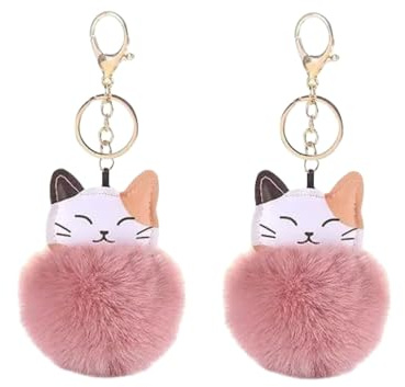 Opemg 2 x rosa niedliche Katzenform Pom Pom Schlüsselanhänger Plüsch Ball Auto Schlüsselanhänger Anhänger flauschiger Schlüsselanhänger für Frauen Tasche Geldbörse Dekor Schlüsselanhänger Zubehör