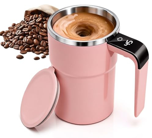Wapasezyar Taza autoagitadora, taza con indicador de temperatura, acero inoxidable 304, coctelera eléctrica magnética con asa para chocolate caliente, café, leche (rosa, 380 ml)