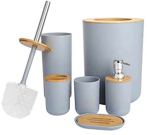 6-Piece Bathroom Accessories Set Toilet Brush & Bin with Toothbrush Holder | Soap Dispenser, Soap Dish & Tumbler Cup, Modern Bathroom Set (Grey)
