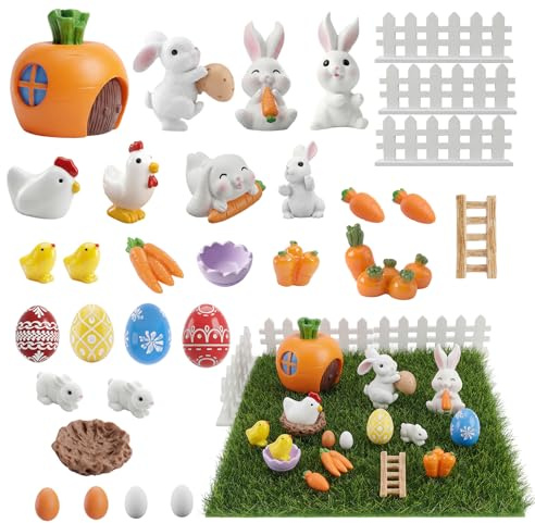 Golgner 32 Stück Miniatur Kaninchen Figur, Bunny Figuren Ornamente, Harz Miniatur Bunny Figur, Ostern Miniatur Garten Deko, mit Henne Huhn Ostereier Karotten, für DIY, Osterdekoration, Geschenk