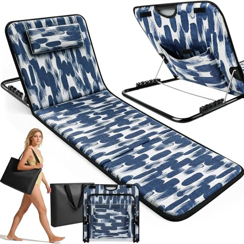 Cheffery Strandmatte mit Rückenlehne, Strandliege Klappbar Leicht 5-Stufige Höhe, Strandmatte Gepolstert mit Kopfstütze, Tragetasche 150 kg Belastbar für Strand Reisen Garten Camping Picknick (Blau)