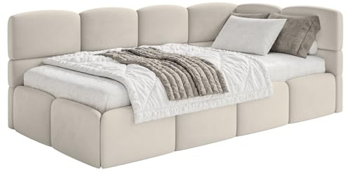 Selsey Jugendbett 120x200cm Hellbeige gepolstert mit Stauraum und Lattenrost, Polsterbett Jugendbett rechtsseitig mit Bettkasten, Kinderbett mit Eckkopfteil, Bett für Jugendzimmer