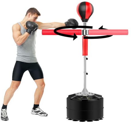 Punchingball Stand de frappe réglable en hauteur, poire de boxe avec support pour adultes et enfants – Entraîneur de boxe debout avec bras pivotant à 360°, pieds ventouses et socle remplissable, avec