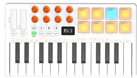 Fockety 25 Key MIDI Keyboard Controller, BT Beat Maker Machine with Velocity Sensitive Keys Arpeggiator Chord, Rechargeable Wireless Receivers MIDI Pad for DAW Production Clip (White)
