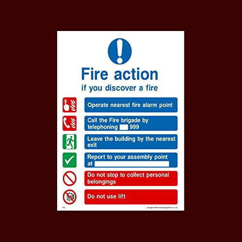 Fire Action if you discover a fire - Call the Fire Brigade on 999 Plastic Sign with 4 Pre-Drilled Holes (FA2) - Fire, Assembly Point, Break Glass, Lift, Alarm, Extinguisher