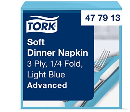 Tork 477913 Soft Dinnerserviette Hellblau / Papierservietten 3 lagig / Ideale Qualität und Größe für ein Abendessen / Advanced Qualität / 12 x 100 (1200) Servietten / 39 x 39 cm (B x L)