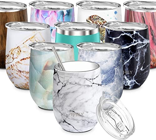 THILY Stainless Steel Stemless Wine Tumbler 350 ml Triple-Insulated Stemless Glass with Lid and Straw, Durable Reusable Travel Coffee Cup, Keep Hot or Cold for Coffee, Beer, Juice, White Marble