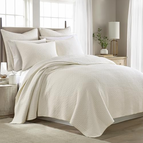 Levtex Home ATUIO Cross Stitch Quilt Set - 100% Cotton - Full/Queen Quilt (88x92in.) + 2 Standard Shams (26x20in.) - Cream