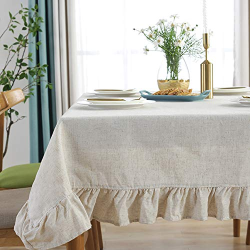 Lanqinglv Tischdecke Rund 100 cm Abwaschbar Einfarbig Baumwolle Leinen Tischdecke Hochzeit Beige mit Rüsche Dekoration Vintage Tischtuch Garten Outdoor (R100,BE)