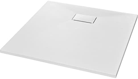 vidaXL Plato Ducha Resina Textura Pizarra Extraplano Antideslizante Mineral Fibra Vidrio Resistente Duradero Fácil Limpiar Cuadrado Blanco 90x90 cm